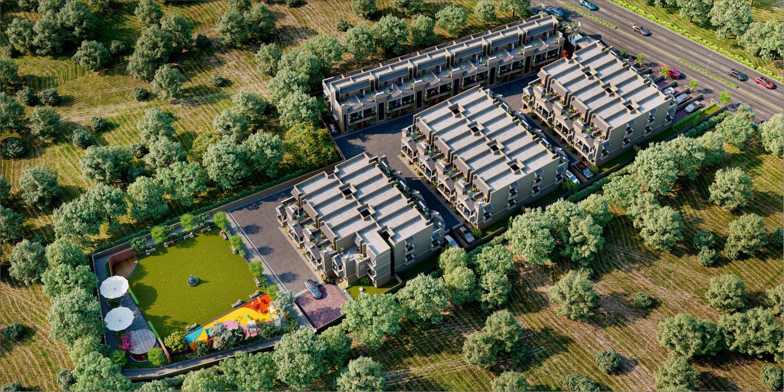 Aerial view of Akshar Kutir villa community